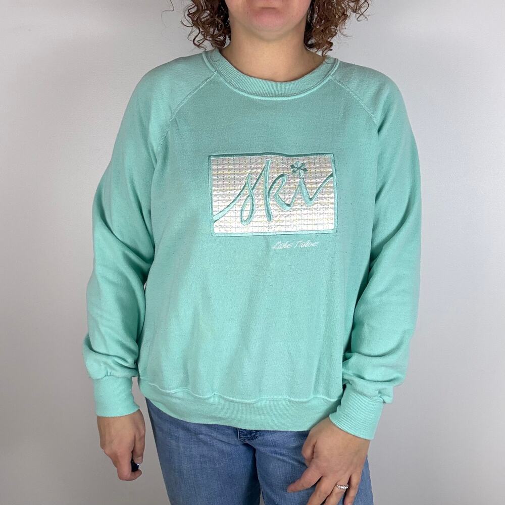 Vintage 80s Bassett Walker teal ski crew neck sweatshirt  Lake Tahoe size XL